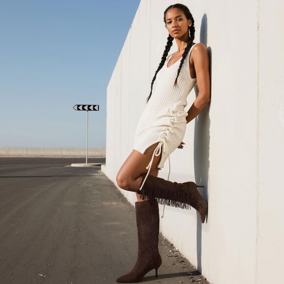 Women Suede Brown Knee High Boots Kitten Heels Tall Pointed Toe Long Boots - Picture 3 of 9